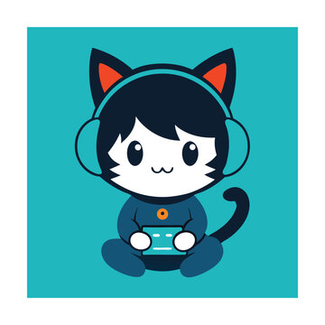 Cute Catboy Playing Game with Headphones Vector