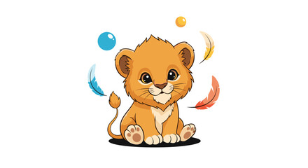 Fototapeta premium Adorable fluffy lion cub juggling colorful feathers and bright balls in a whimsical fantasy setting