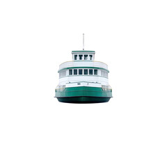 Majestic ferry boat approaching dock with vibrant green and white colors against a clear sky backdrop in coastal setting