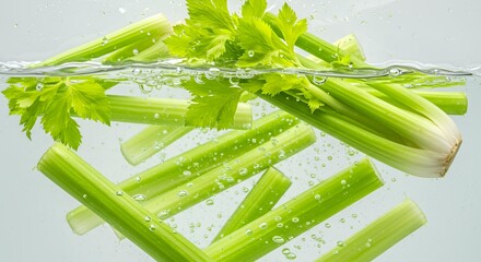 Fresh celery stalks with green leaves underwater in clear water with bubbles, split view composition for healthy organic vegetable food photography