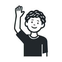 Illustrated young male figure with curly hair and raised hand gesture