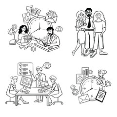 Fototapeta premium Set of illustrations of people in various activities related to business planning and strategy line