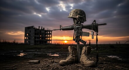 Obraz premium Fallen soldier memorial with rifle, helmet, boots, and dog tags at sunset near ruins
