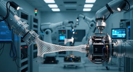 Robotic arms maneuvering parts of a capturenet deployment system within a climatecontrolled integration cell highlighting automation in spacecraft assembly.