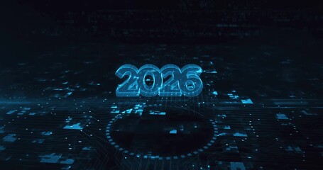 2026 year new futuristic neon hologram symbol appears on a digital background. Network, cyber technology and computer abstract concept 3d animation. - Powered by Adobe