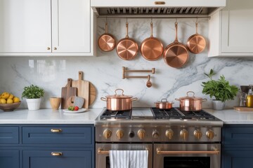 A beautifully organized kitchen with copper pots hanging above a professional gas stove.