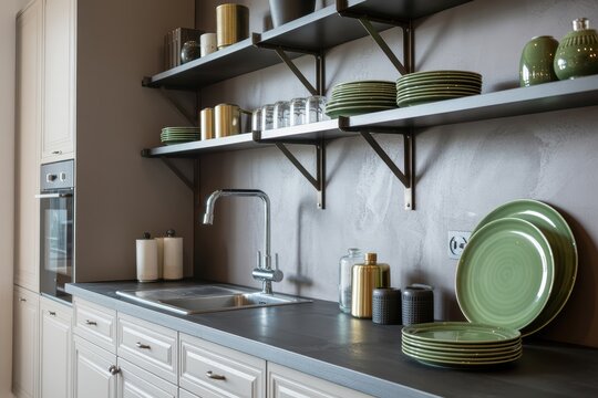 Modern kitchen with open shelves displaying neatly arranged plates and cookware.
