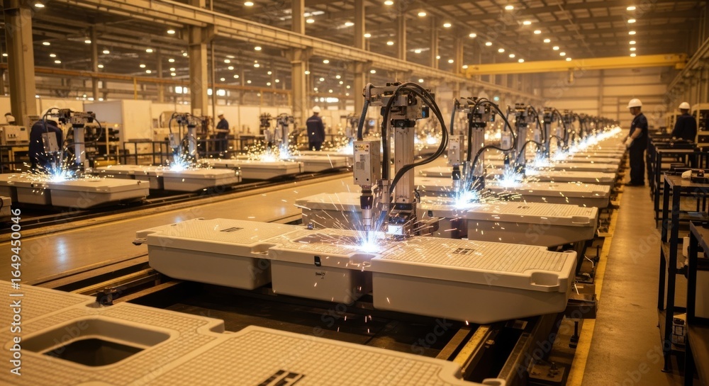 Poster overview of manufacturing facility with multiple floating solar pontoon units undergoing ultrasonic 