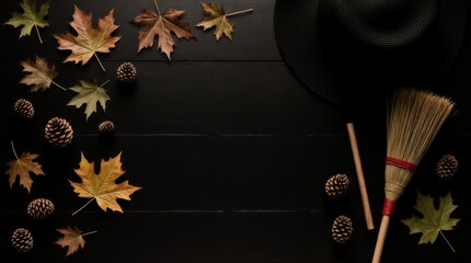 halloween witch hat and broom on rustic dark wood | holiday, celebration, seasonal, still life, background theme