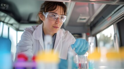 A female scientist, caucasian in a lab coat and safety goggles, analyzing water samples in a mobile ocean lab. Minimalist interior with glass vials, digital instruments, and soft lighting.