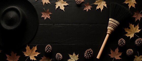autumn witch's flatlay with black hat and broom on rustic dark wood | halloween, autumn, holiday, still life, table top theme