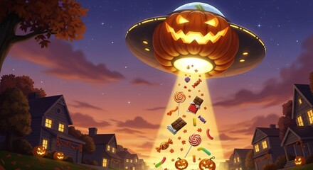 Whimsical Halloween UFO drops candy and treats on suburban neighborhood at dusk