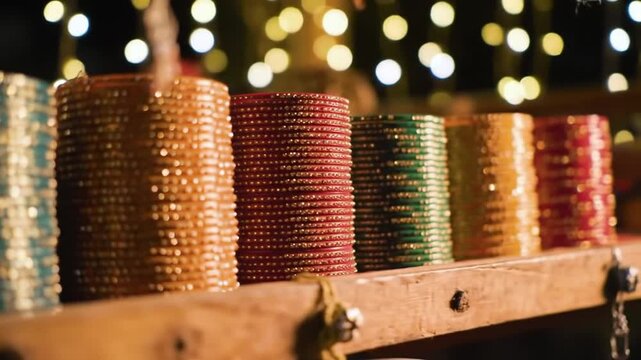 A vibrant display of colorful bangles stacked in rows, illuminated by soft bokeh lights in the background, suggesting a festive or decorative setting.