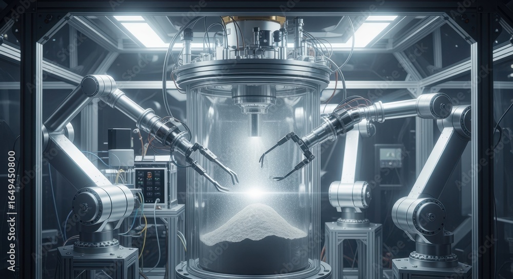 Poster innovative robotic arms manipulating lunar regolith inside a reactor facilitating automated oxygen p