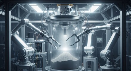 Innovative robotic arms manipulating lunar regolith inside a reactor facilitating automated oxygen production experiments in zerogravity simulation chambers.
