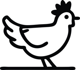 Simple outline drawing of a stylized chicken standing on a flat line