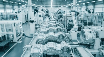 Overhead shot capturing repetitive magnesium gearbox housing production in sequence within a clean and organized diecasting facility.