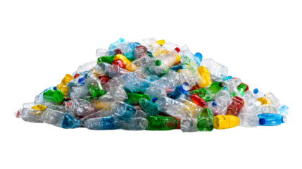 Large Heap of Crushed Plastic Beverage Bottles for Recycling on White, cut out transparent