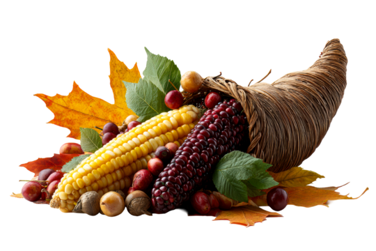 Cornucopia filled with autumn harvest items