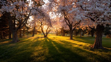 Obraz premium Sunlight streaming through cherry blossom trees casting long shadows across a grassy field at sunset