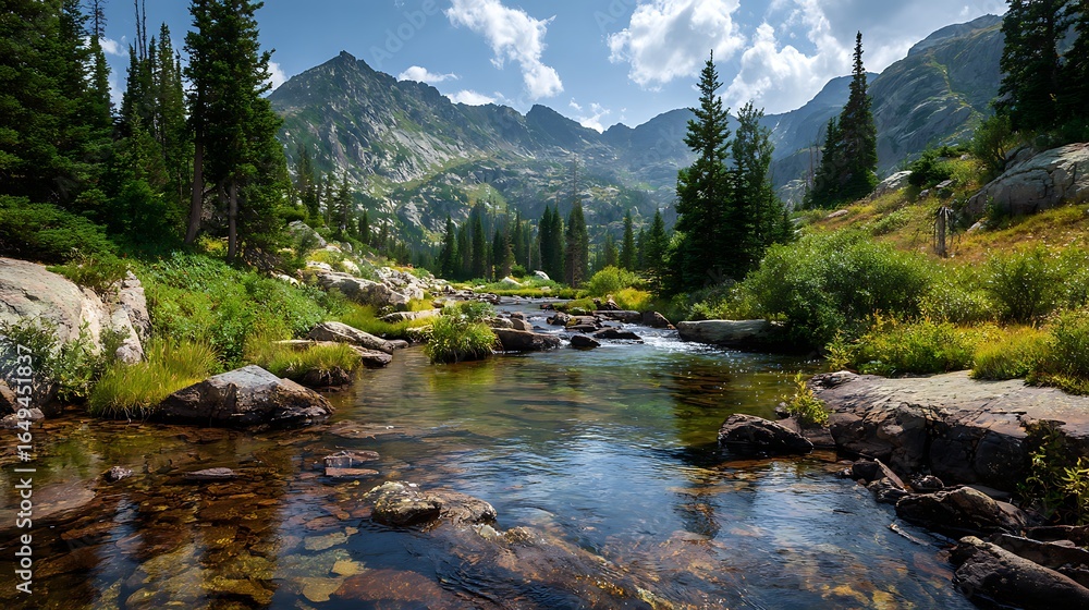 Poster a scenic view of a clear stream flowing through a mountain valley with evergreen trees and rock form
