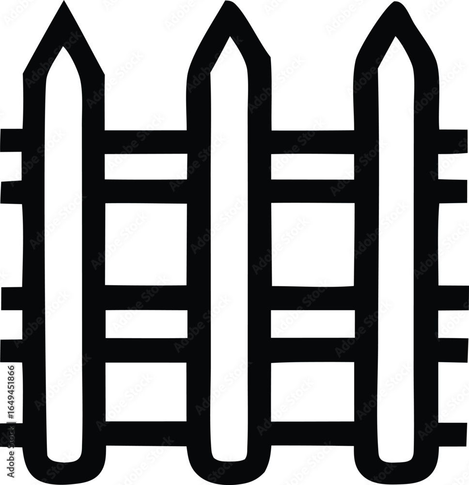 Poster simple black and white icon of a wooden picket fence with three vertical posts and horizontal rails