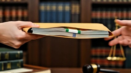 Close-up of two people exchanging an envelope filled with money in a legal office, symbolizing bribery, corruption, justice, crime, and unethical business practices.