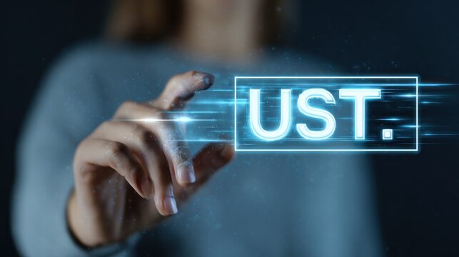 Hand pointing to glowing ust text