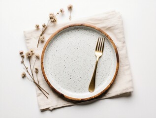 Speckled ceramic plate with golden fork on beige linen napkin | table setting, dining, home decor, photography, minimalism theme