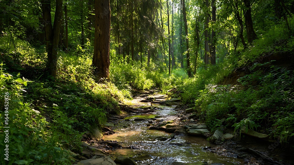 Aufkleber a stream flows through a lush green forest with sunlight filtering through the trees creating shadow
