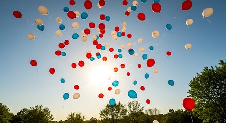 Red, white, and blue balloons ascend into a bright, sunny sky, trees visible below.