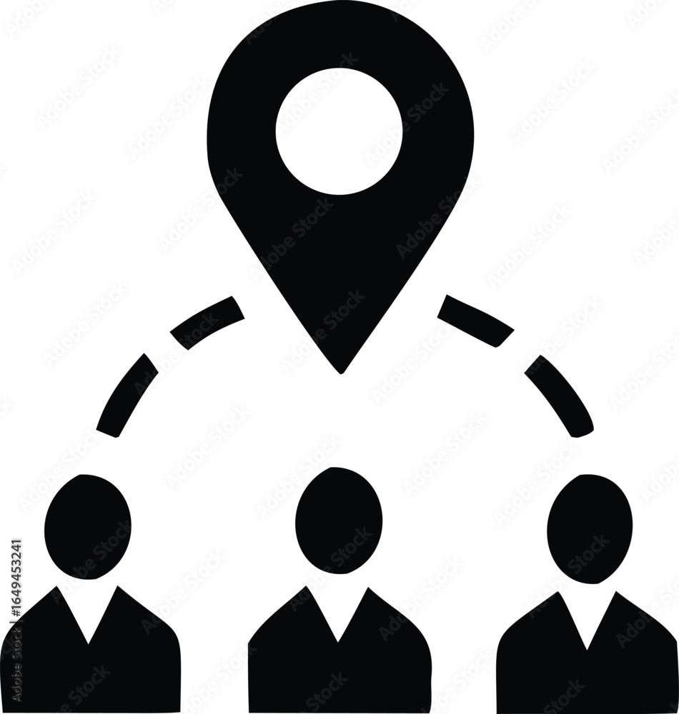 Poster stylized icon depicting a central location connected to multiple individuals representing a network 