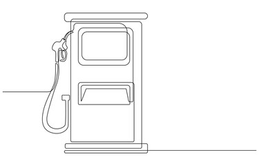 Refueling gas gun dispenser single continuous line art. Petrol industry business car diesel pump refuel headline, Gasoline pistol isolated on white background. One line continuous gasoline pistol art.