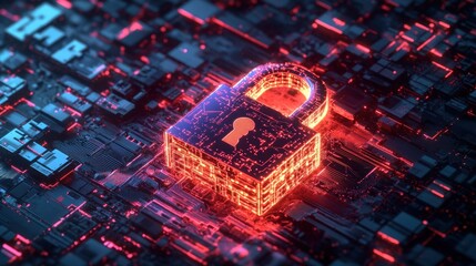 Circuit board with glowing padlock