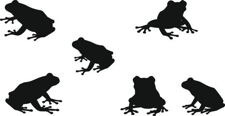 Black frog silhouettes collection, amphibian shapes in various poses, animal clipart, vector art, wildlife silhouette, frog shadow images for design and nature projects
