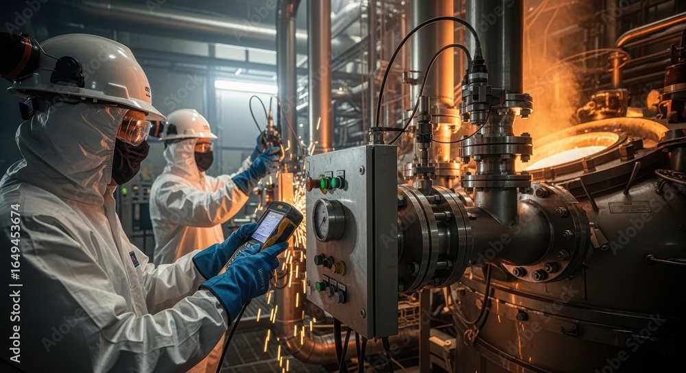 Poster inside a containment area workers calibrate instruments attached to a radioactive waste vitrificatio