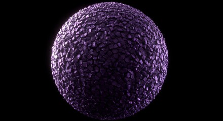 Deep purple sphere with angular crystalline fragments creating rough textured surface on black background, modern 3D abstract art for creative design projects