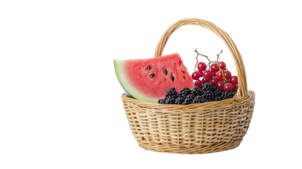 • A basket of summer fruits like watermelon and berries, isolated on white background in HD 