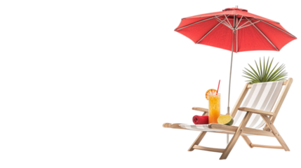 • A beach chair with an umbrella and tropical drinks for a summer vacation, isolated on white background in HD 