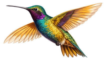 Obraz premium Vibrant hummingbird in flight showcasing iridescent feathers and golden wings