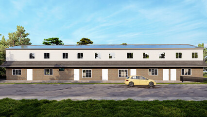 Fototapeta premium Modern Two-Story Residential Apartment Building with Solar Panels and Parking, 3D Render