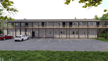 3D render of a modern two-story apartment building or motel exterior with parking lot and cars © Ahmad