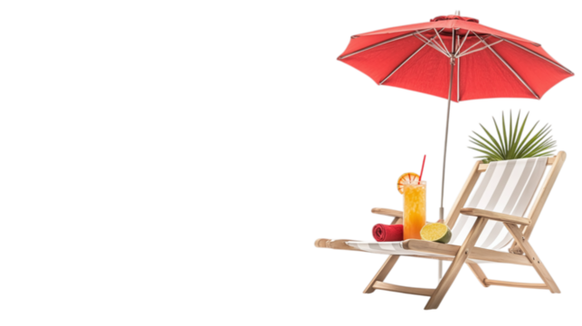 • A beach chair with an umbrella and tropical drinks for a summer vacation, isolated on white background in HD 