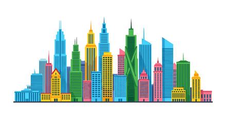 Obraz premium Colorful cityscape illustration featuring various modern skyscrapers against a white background.