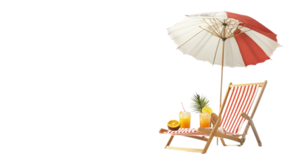 • A beach chair with an umbrella and tropical drinks for a summer vacation, isolated on white background in HD 