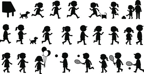 Black silhouettes of children and adults running, walking dogs, playing tennis, holding balloons, family activities vector art, people clipart, simple figures