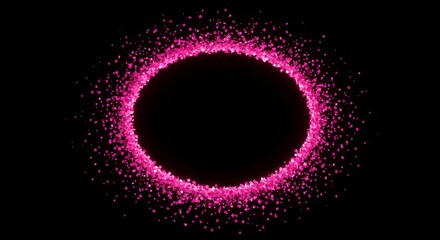Dynamic pink magenta particle ring explosion with intense dispersion creating circular glowing frame on black background for abstract digital artwork