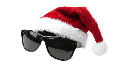 • A beach scene with a Santa hat and sunglasses for Christmas in July, isolated on white background in HD