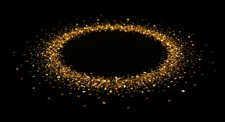 Luxury golden yellow particles forming elegant elliptical ring with scattered fragments on black background for premium celebration and event design