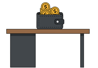 A black wallet sits on a desk, overflowing with golden coins. A simple, clean illustration evokes financial security and prosperity. Ideal for business and finance themes.